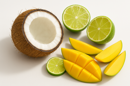 coconut lime and mango on a white background